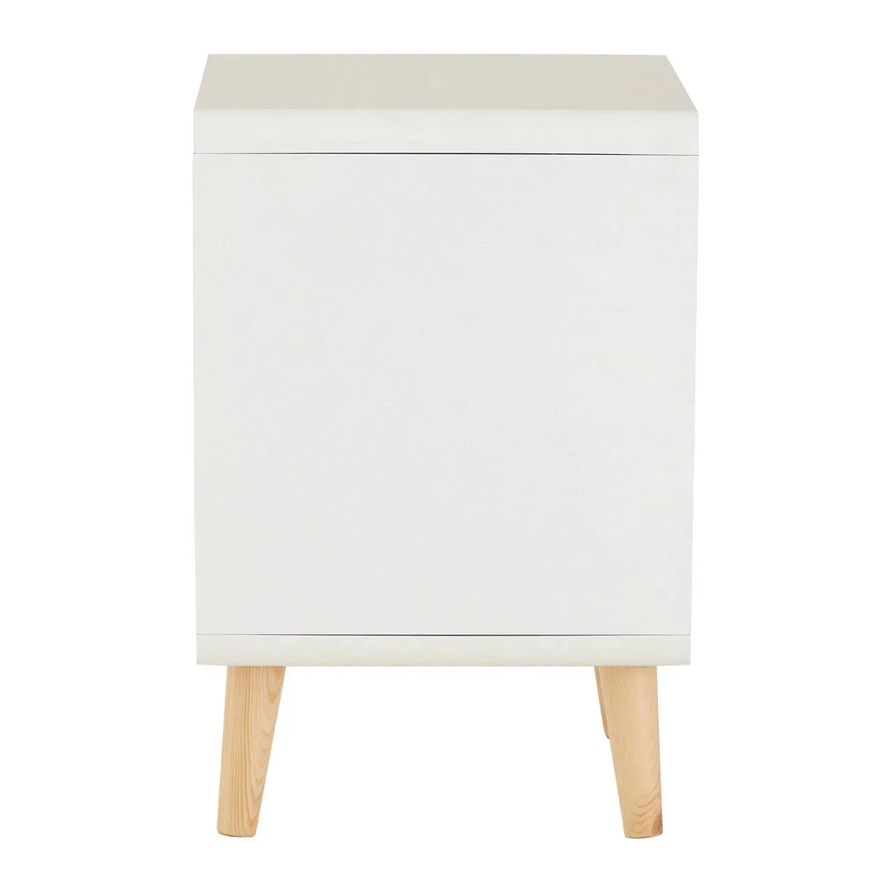 White bedside table with minimalist design and light wooden legs, front view