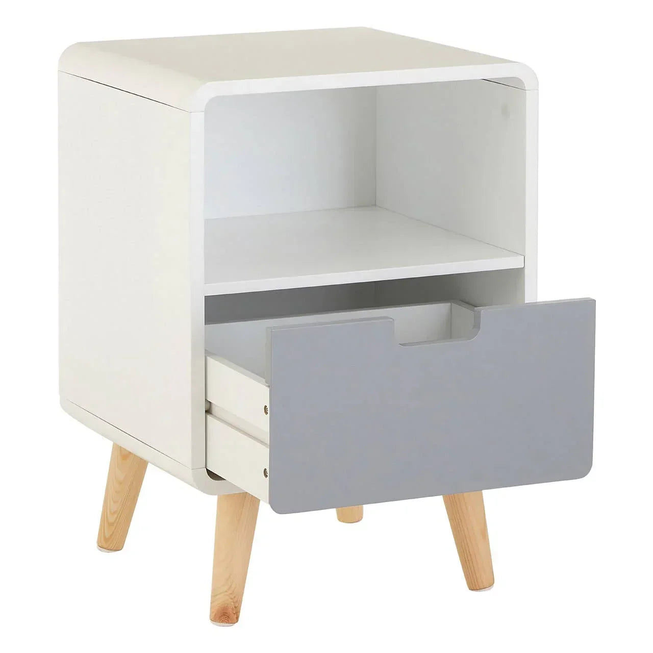 White bedside table with open grey drawer and wooden legs