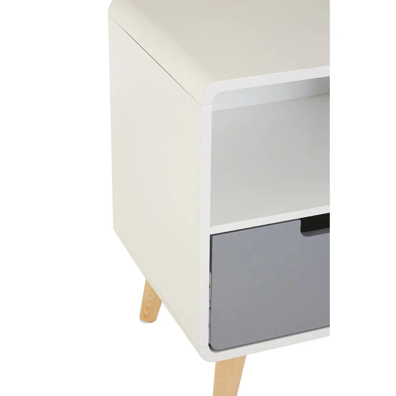 Modern bedside table with white finish, grey drawer, open shelf, and wooden legs