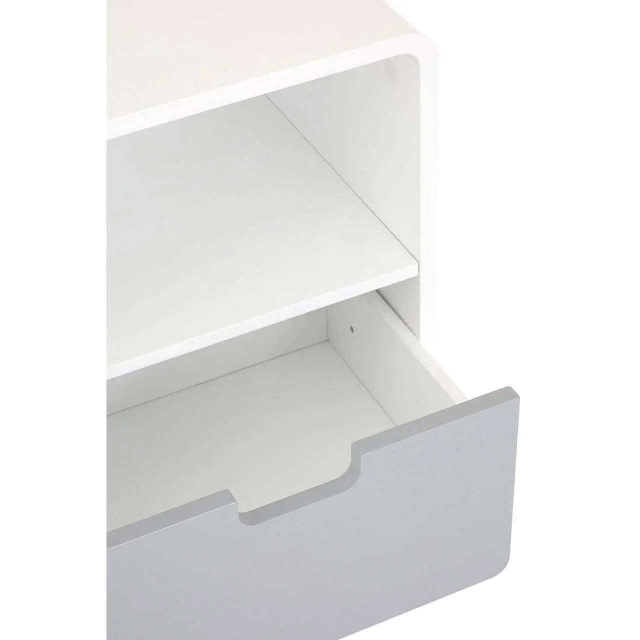 White bedside table with open shelf and grey drawer, close-up view of storage compartments