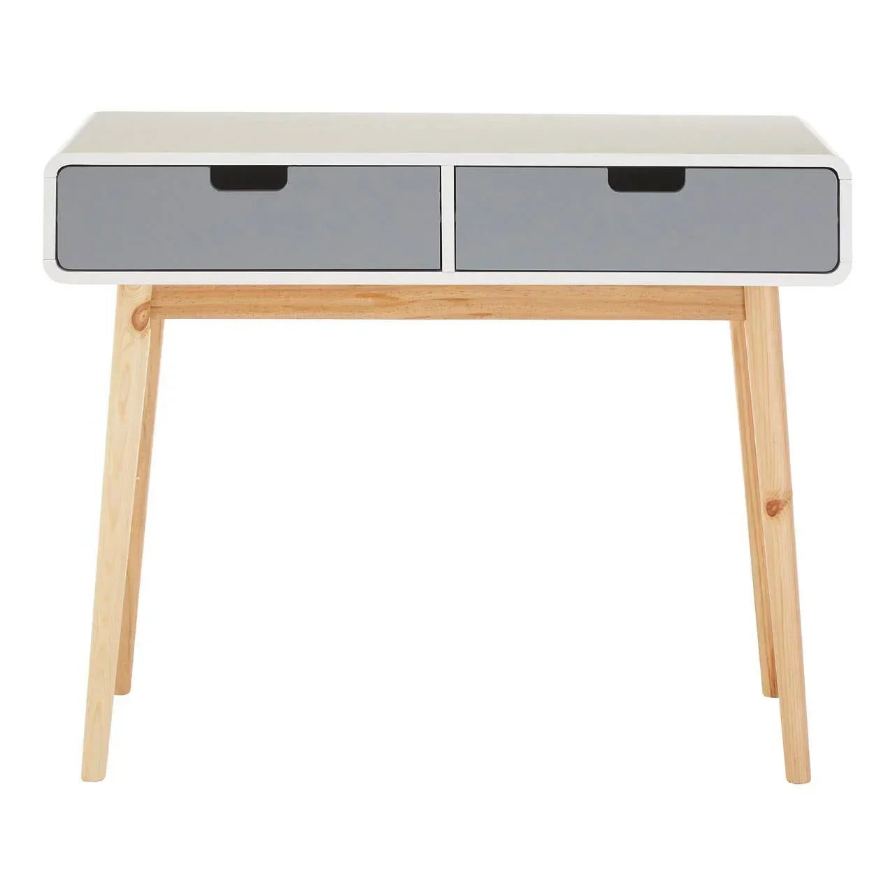 Modern wooden desk with two grey drawers and angled legs