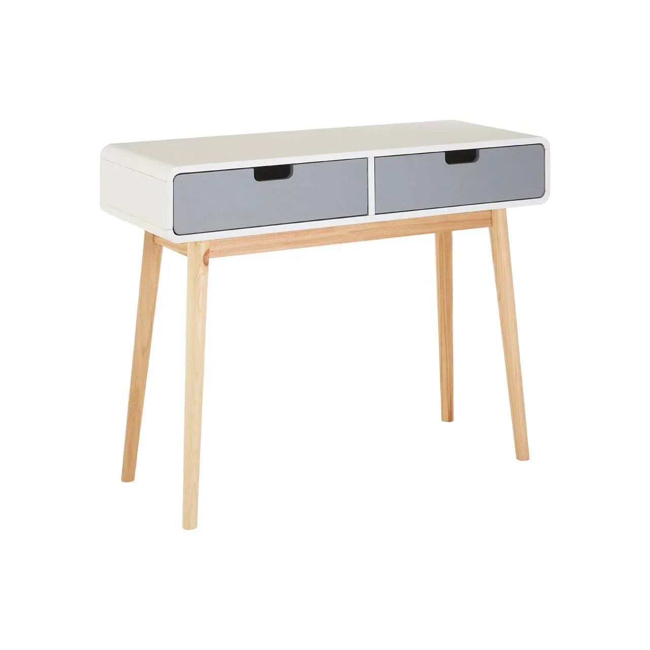 Modern console table with natural wood legs and two grey drawers