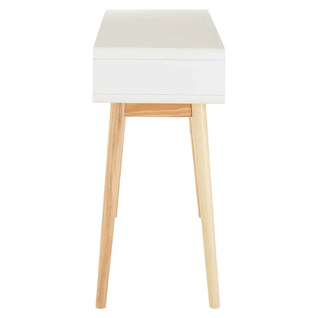 Side view of white console table with natural wood legs
