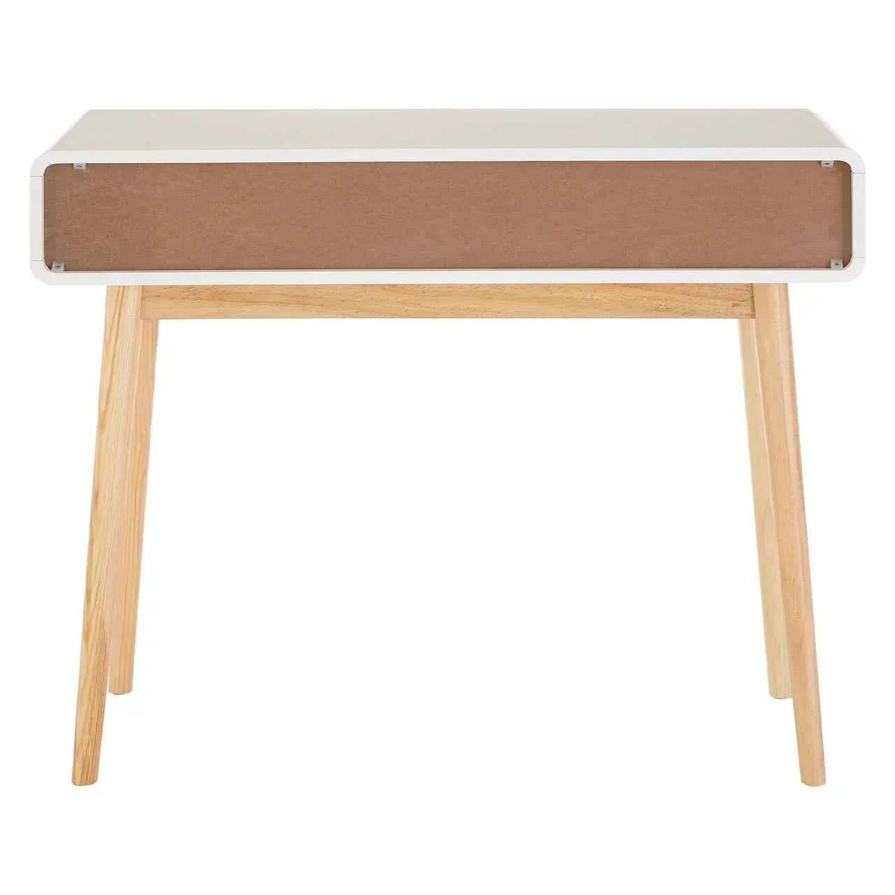 Modern wooden desk with light wood legs and white tabletop, front view
