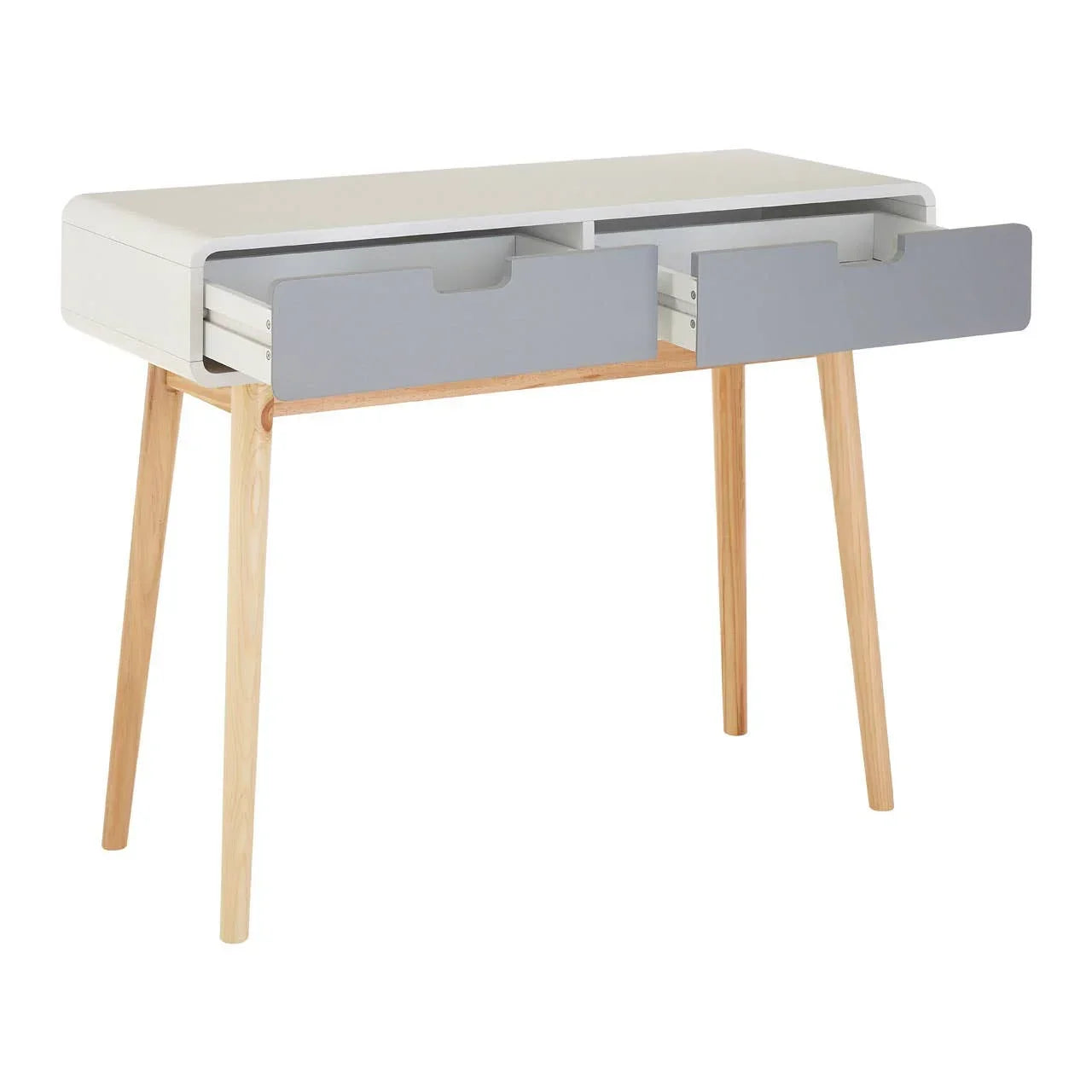 Modern wooden desk with two grey drawers and angled legs