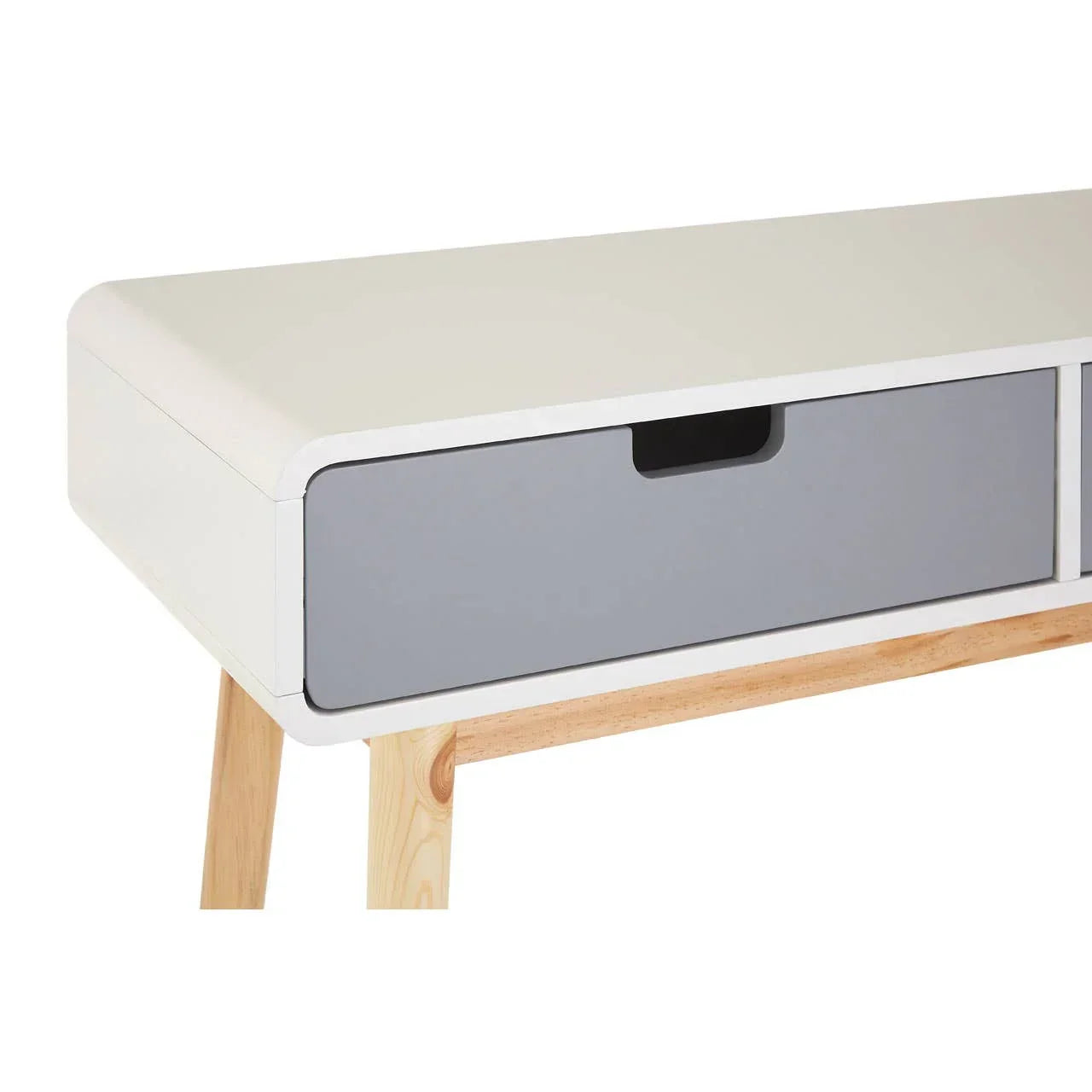 White console table with light wood legs and grey drawer front, closeup angle