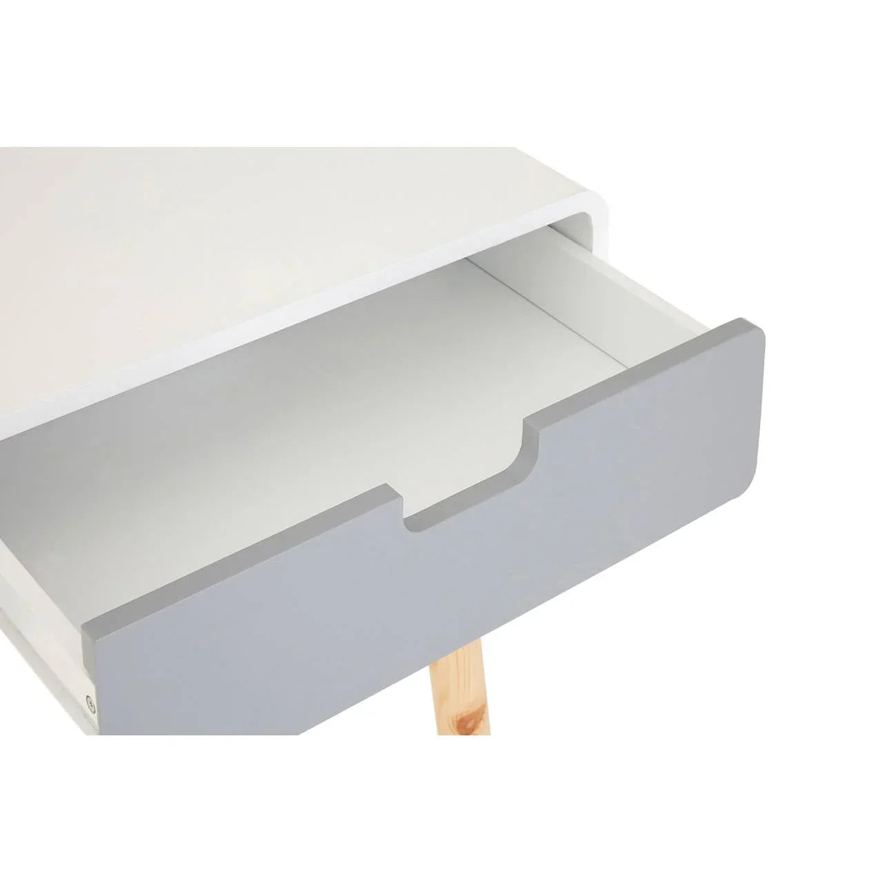 White and grey bedside table with open drawer and wooden leg detail