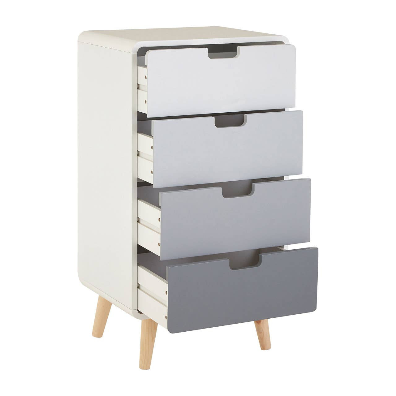 Milo Chest of 4 Drawers featuring a modern design with four drawers in varying shades of gray, a white body, and natural wood legs. The drawers are sleek and handleless, providing a minimalist aesthetic suitable for contemporary home decor