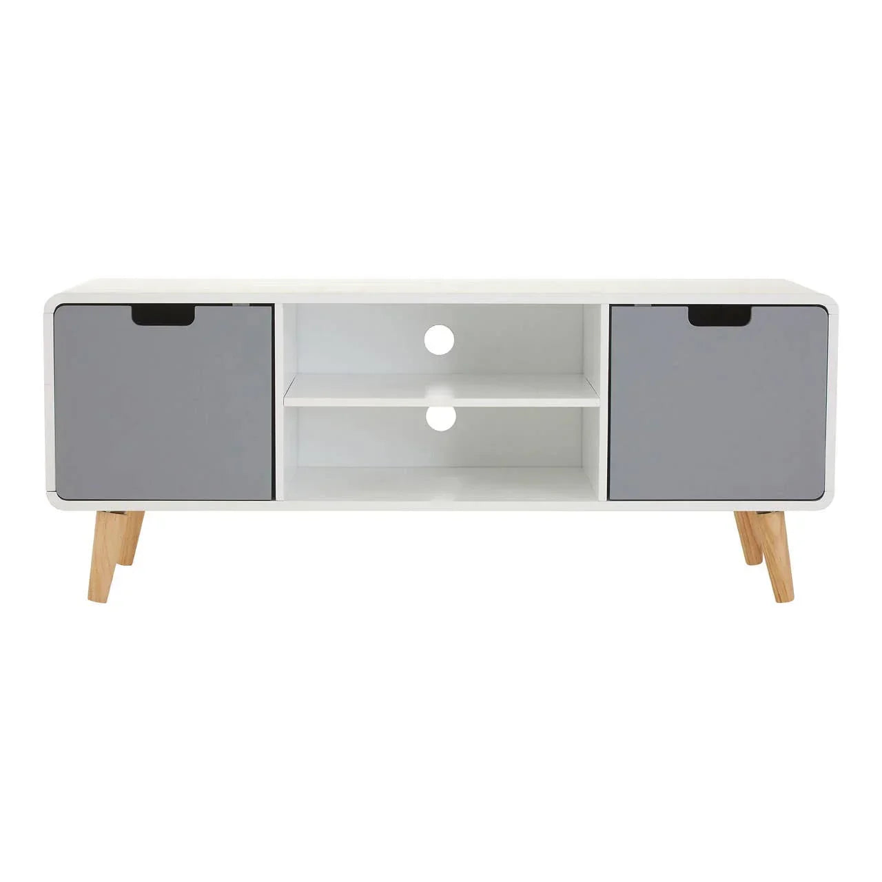 Modern TV unit with grey doors, open shelves, cable holes and wooden legs
