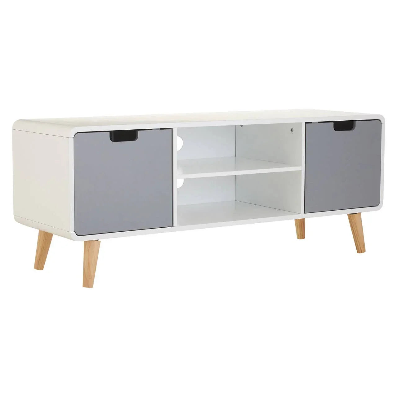 White and grey TV unit with open shelves and wooden legs, modern media storage cabinet