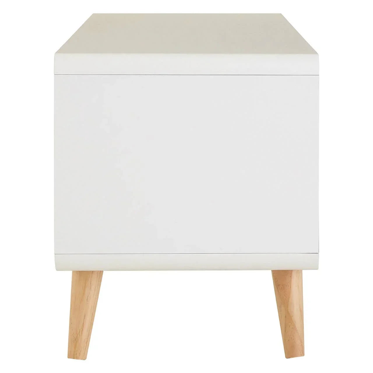 White bedside table with smooth front and wooden legs, photographed from the front
