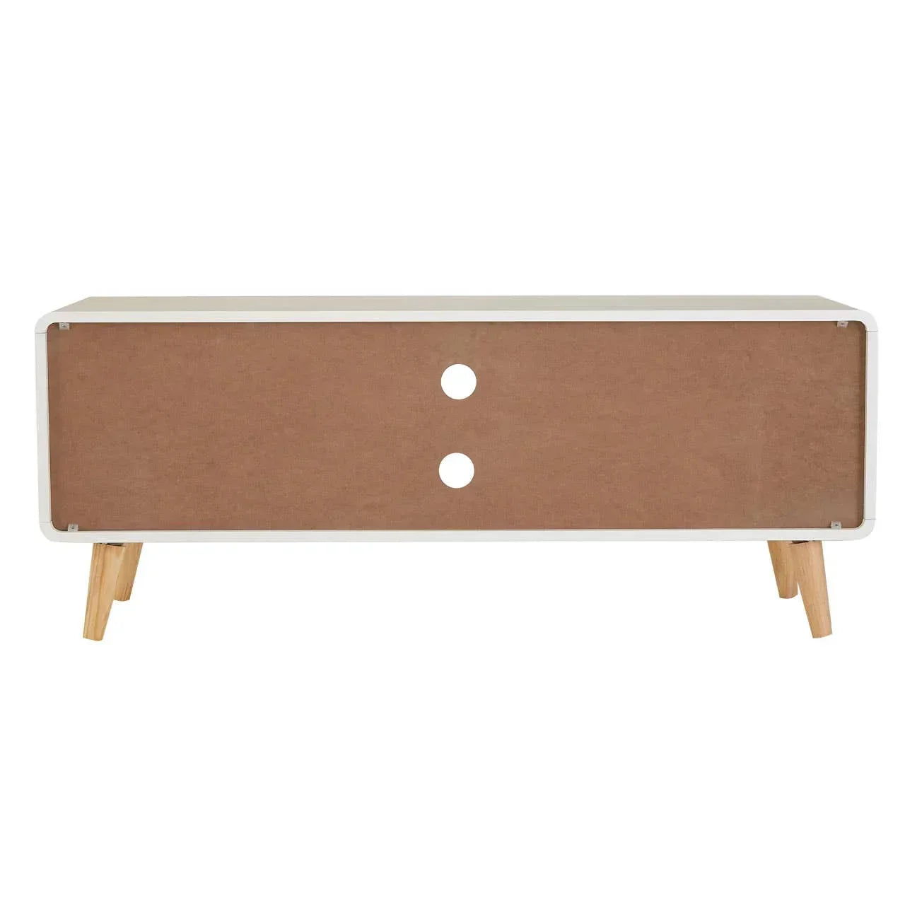 Rectangular wooden TV unit with white frame, natural legs, and two cable holes on the back panel