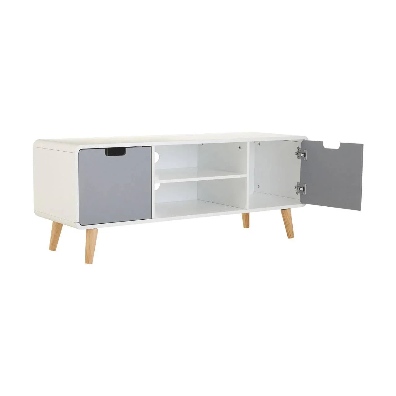 White TV unit with grey cabinet doors, open storage shelves, and angled wooden legs