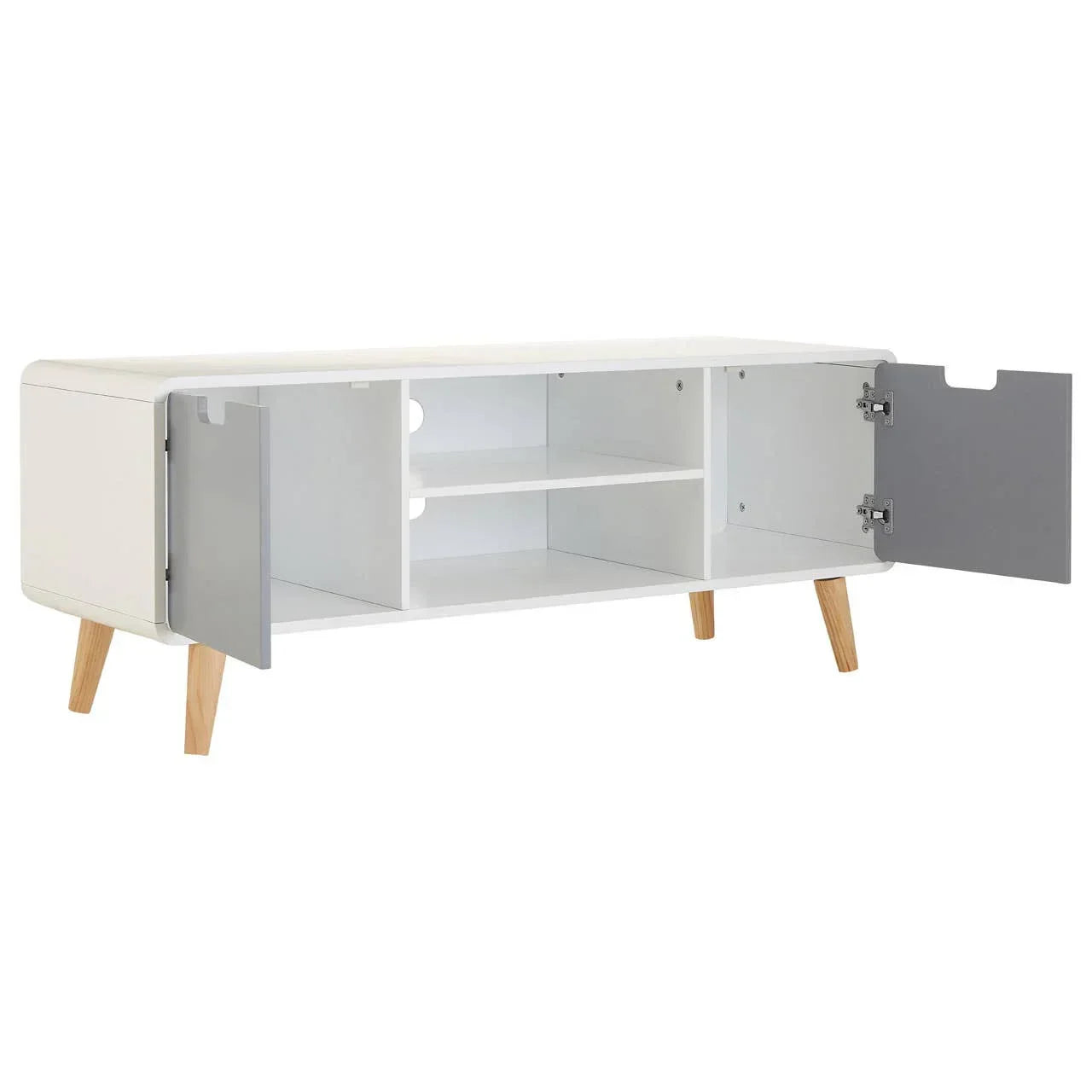 White TV unit with open grey doors, central shelf, and wooden legs