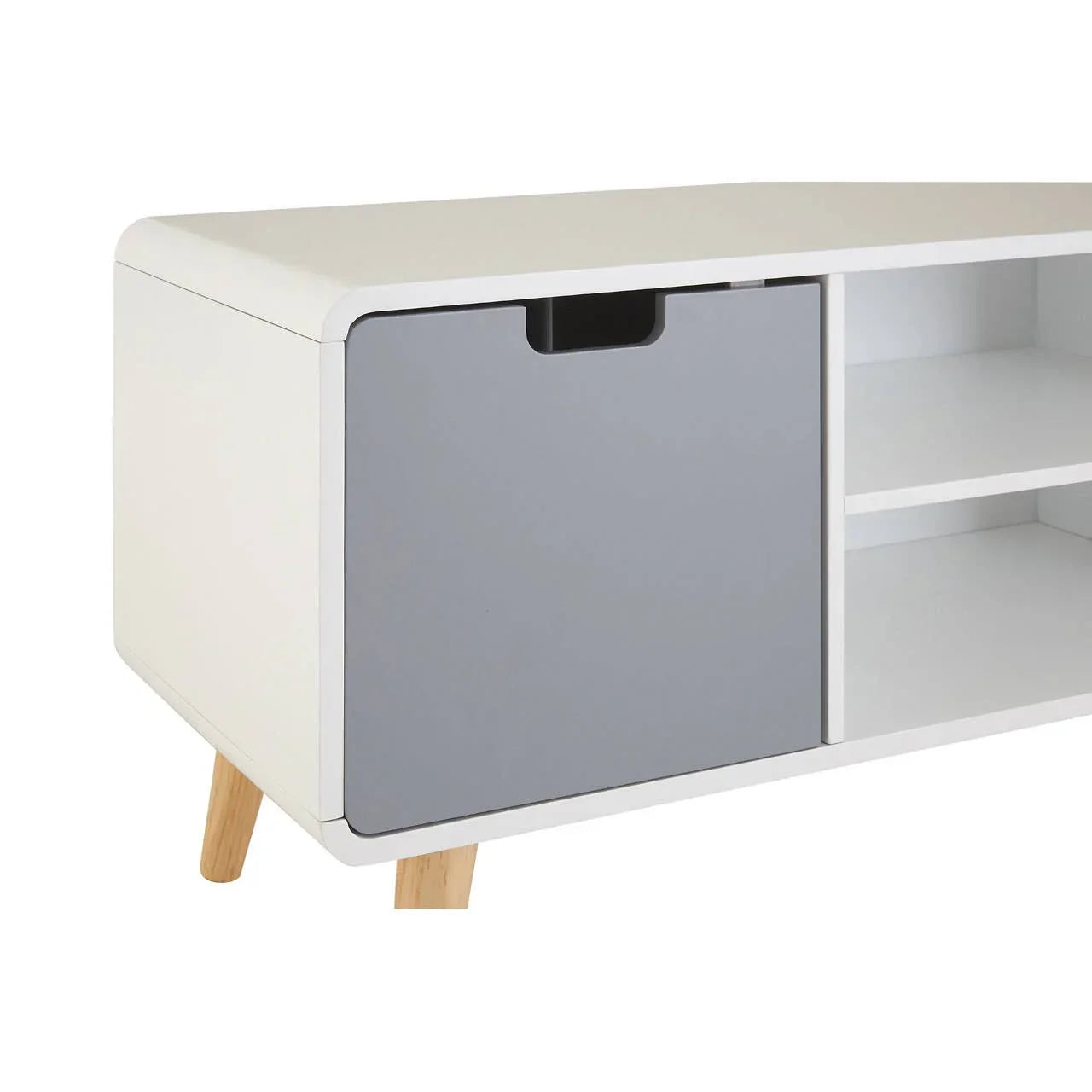 White and grey sideboard with wooden legs and open shelving