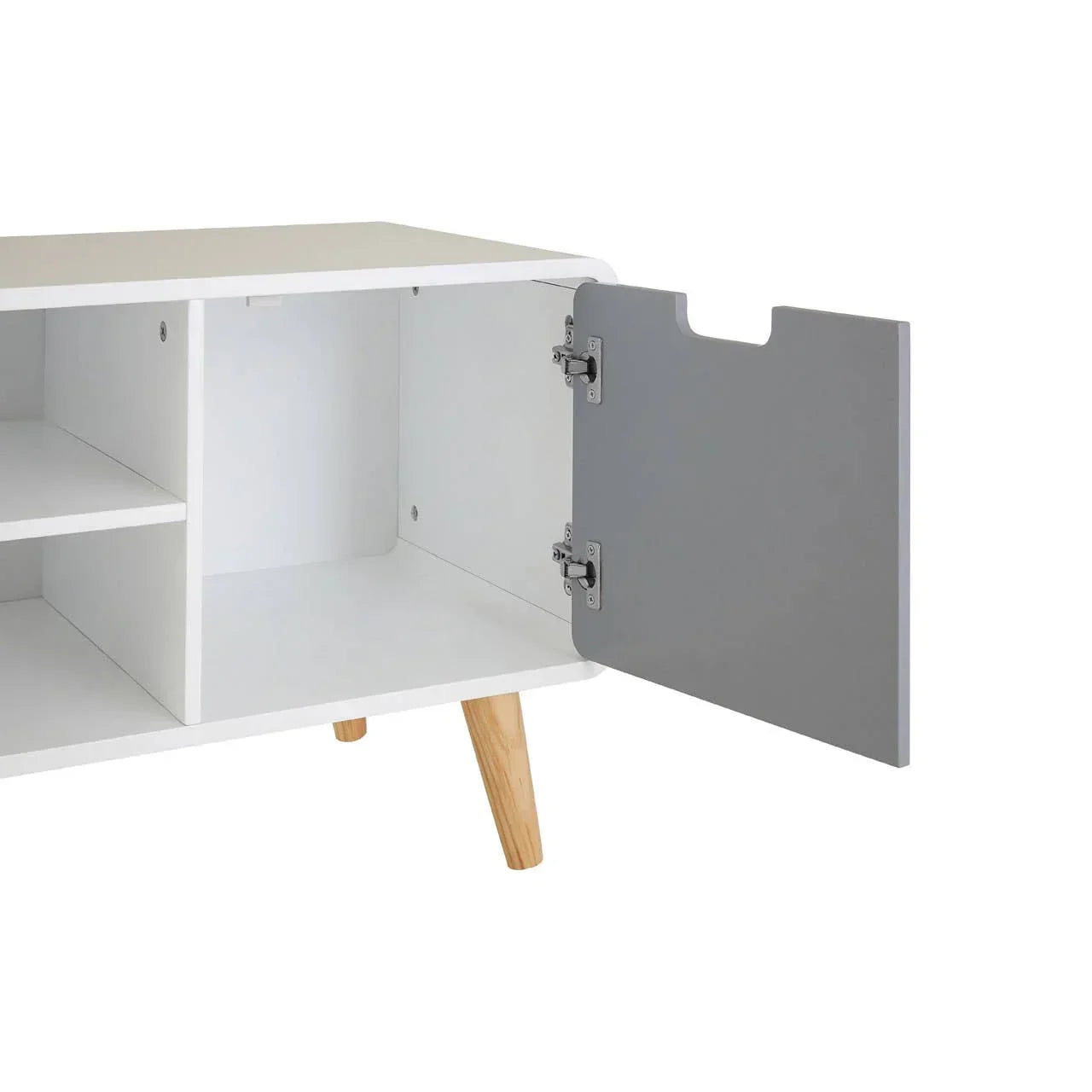 White storage cabinet with open grey door and wooden legs, showing internal shelves