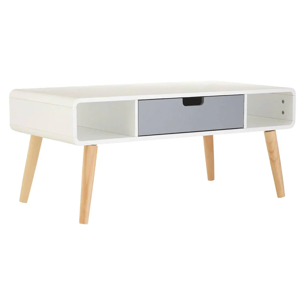 White coffee table with wooden legs, open shelves, and single grey drawer front view