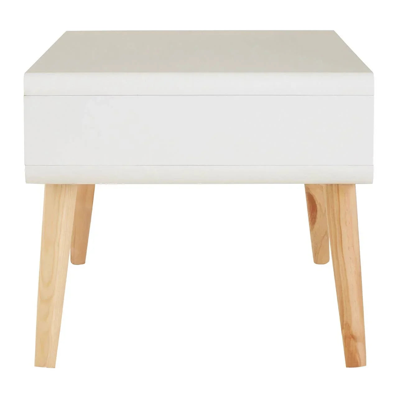 White bedside table with single drawer and light wood legs, front view