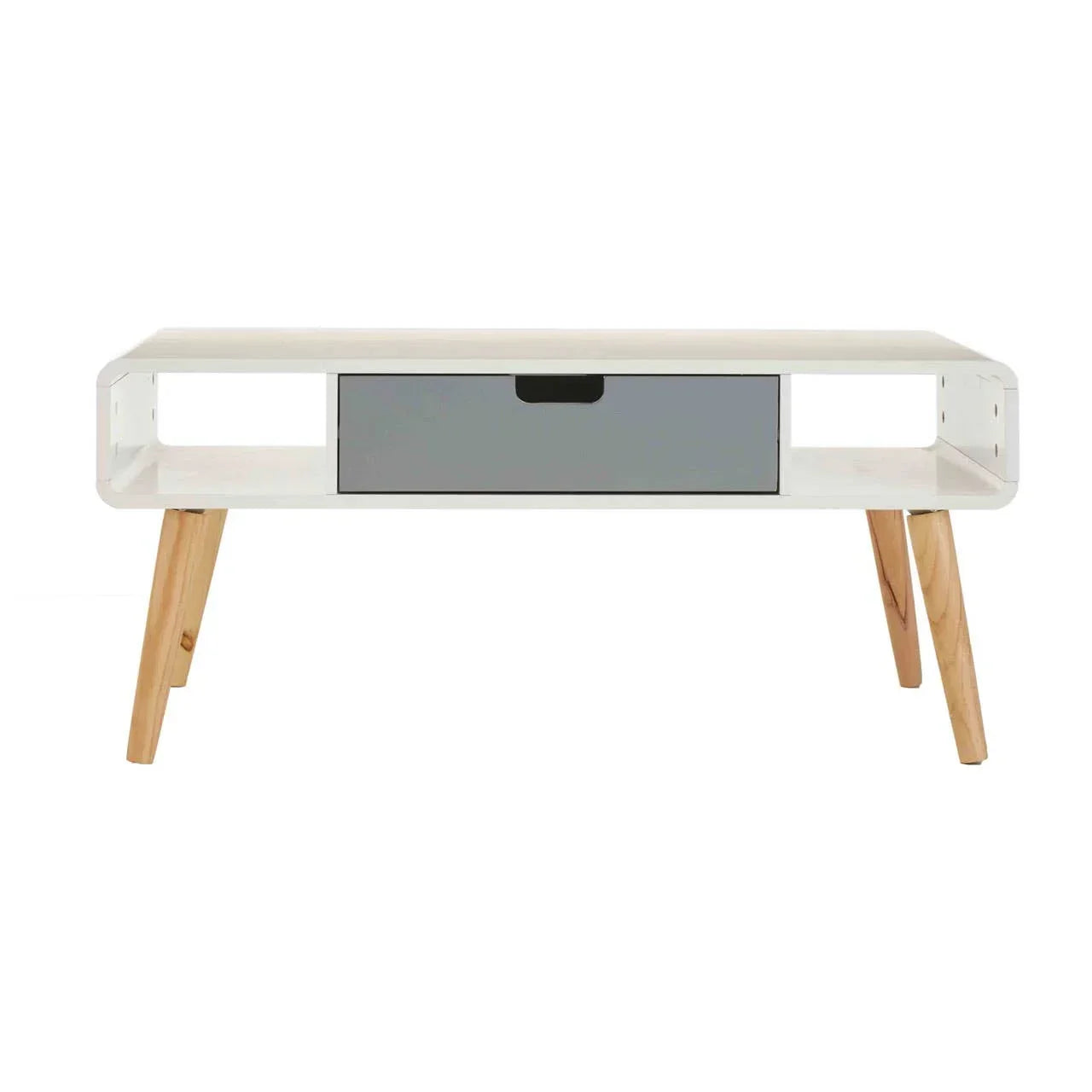 White wooden coffee table with grey drawer and angled natural wood legs, front view