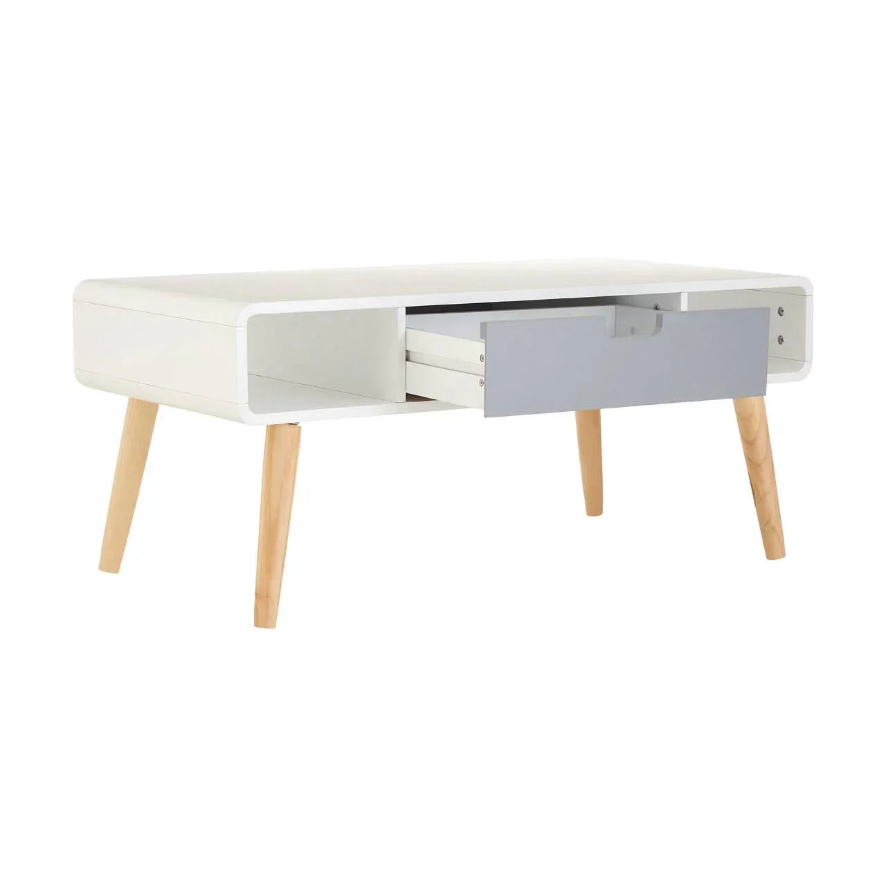 White and grey coffee table with storage drawer and open cubby, angled wood legs