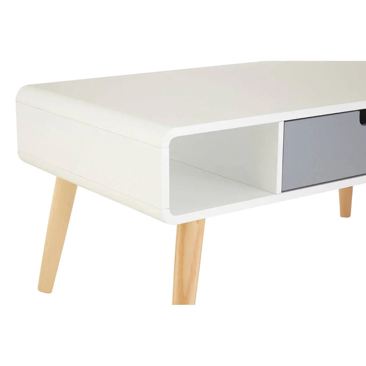 White modern coffee table with open shelf, grey drawer, and natural wood legs