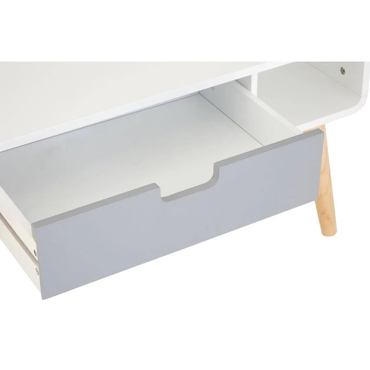 Grey and white wooden furniture drawer with open storage and angled wooden leg