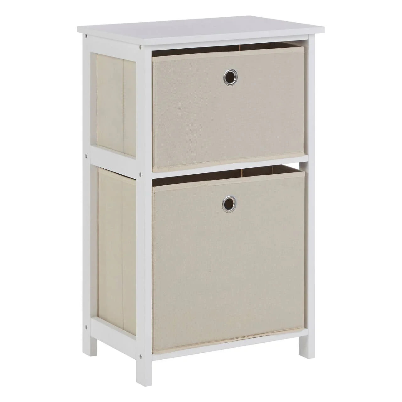 White storage unit with two beige fabric drawers and metal handle detail