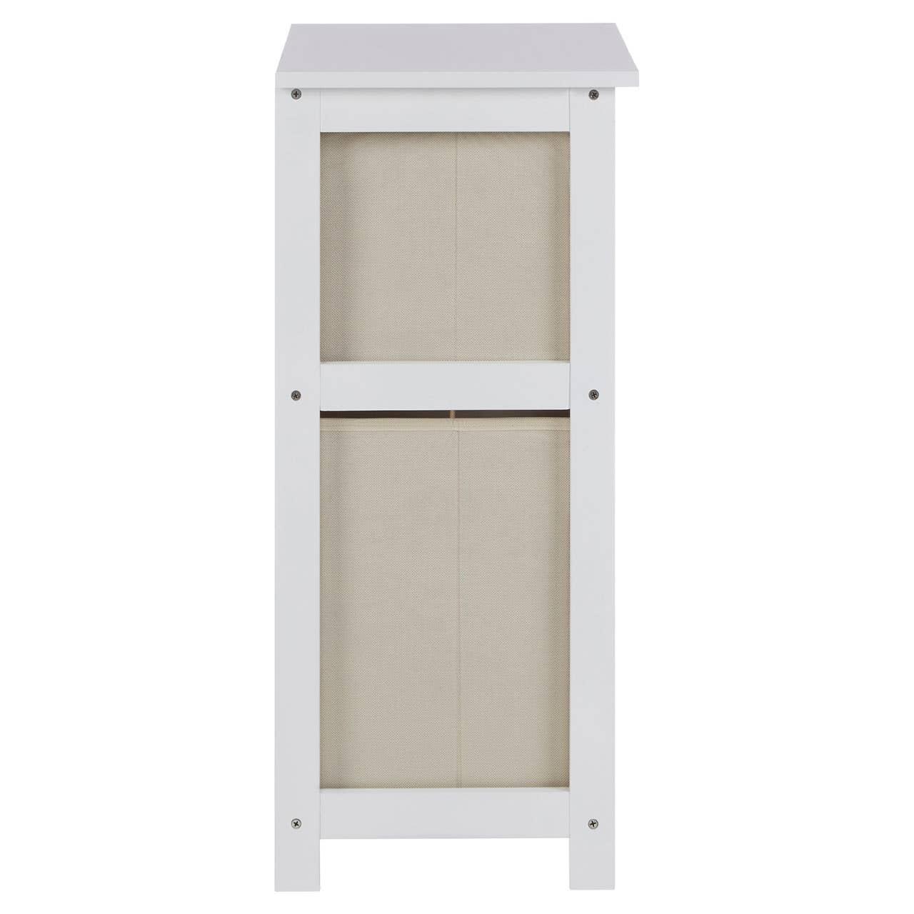 Rear view of white wooden storage unit with beige fabric backing panel
