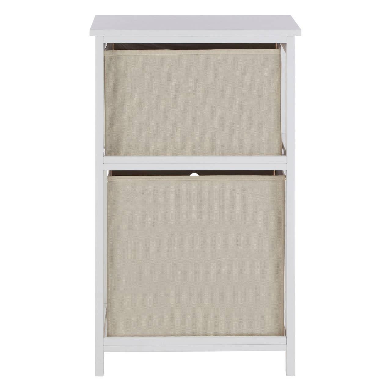 White wooden storage unit with two beige fabric drawers, front view
