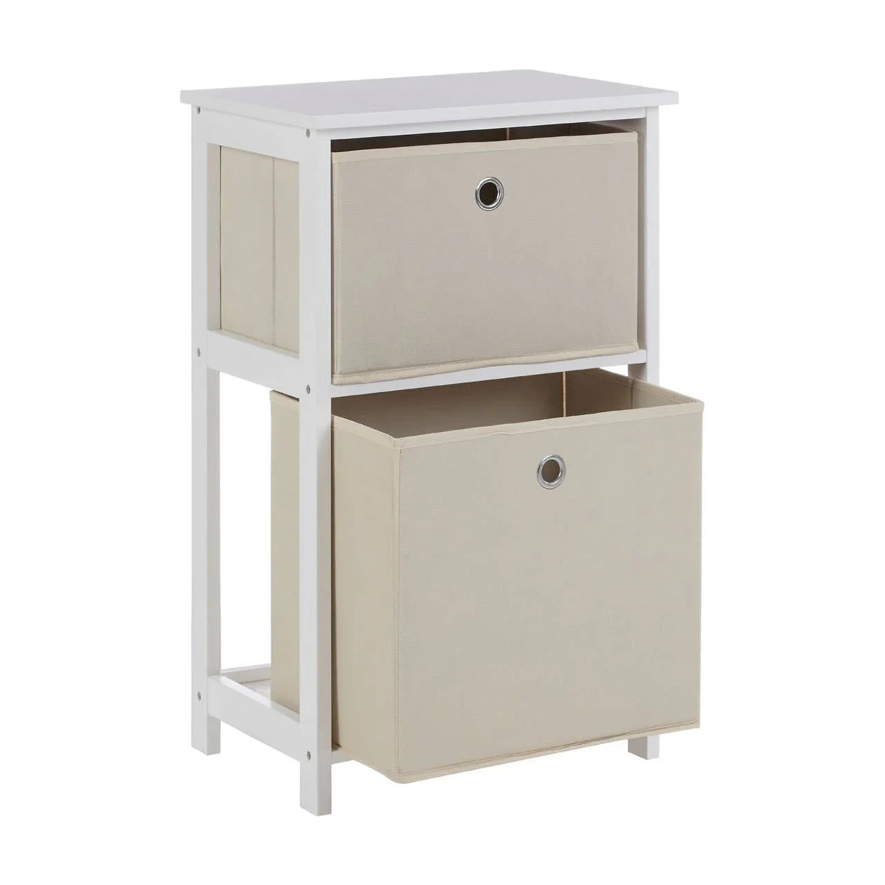 White wooden storage unit with two beige fabric drawers, front angle view