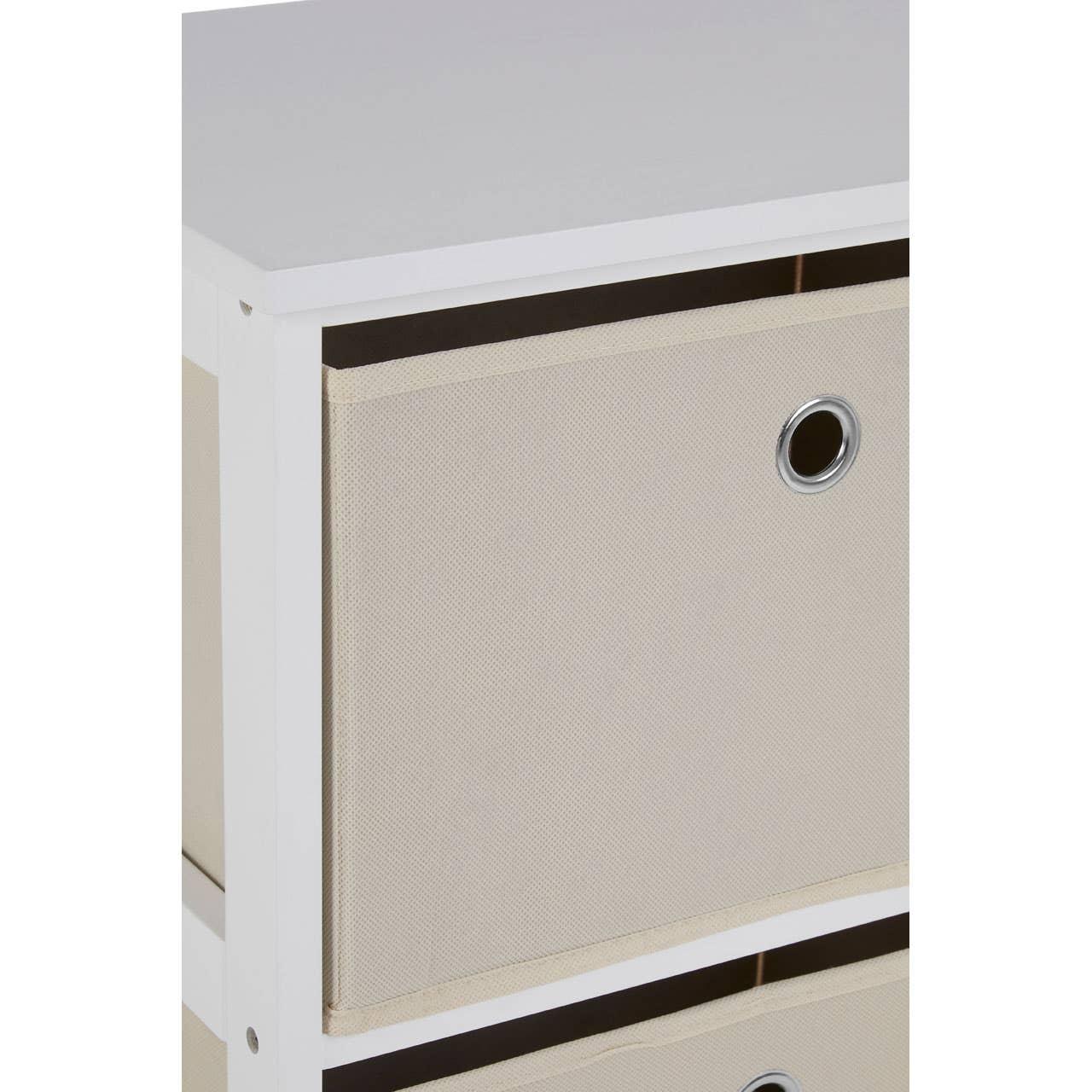 White storage unit with beige fabric drawer and metal handle grommet, close-up view
