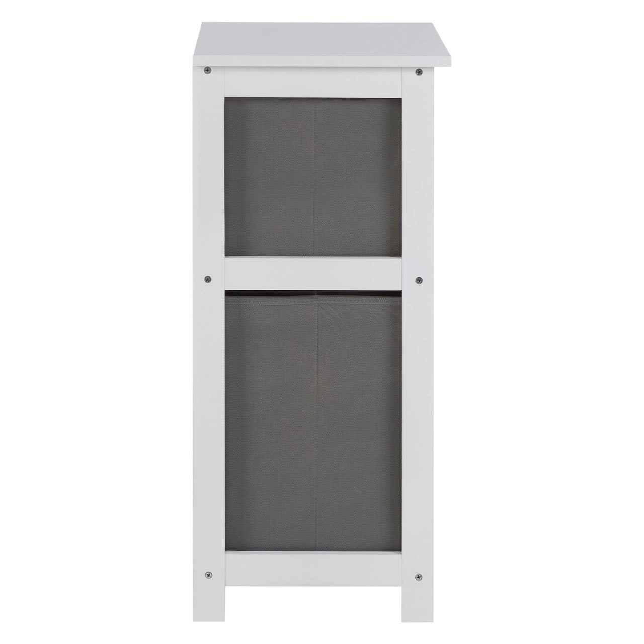 White wooden storage unit side view with grey fabric drawers