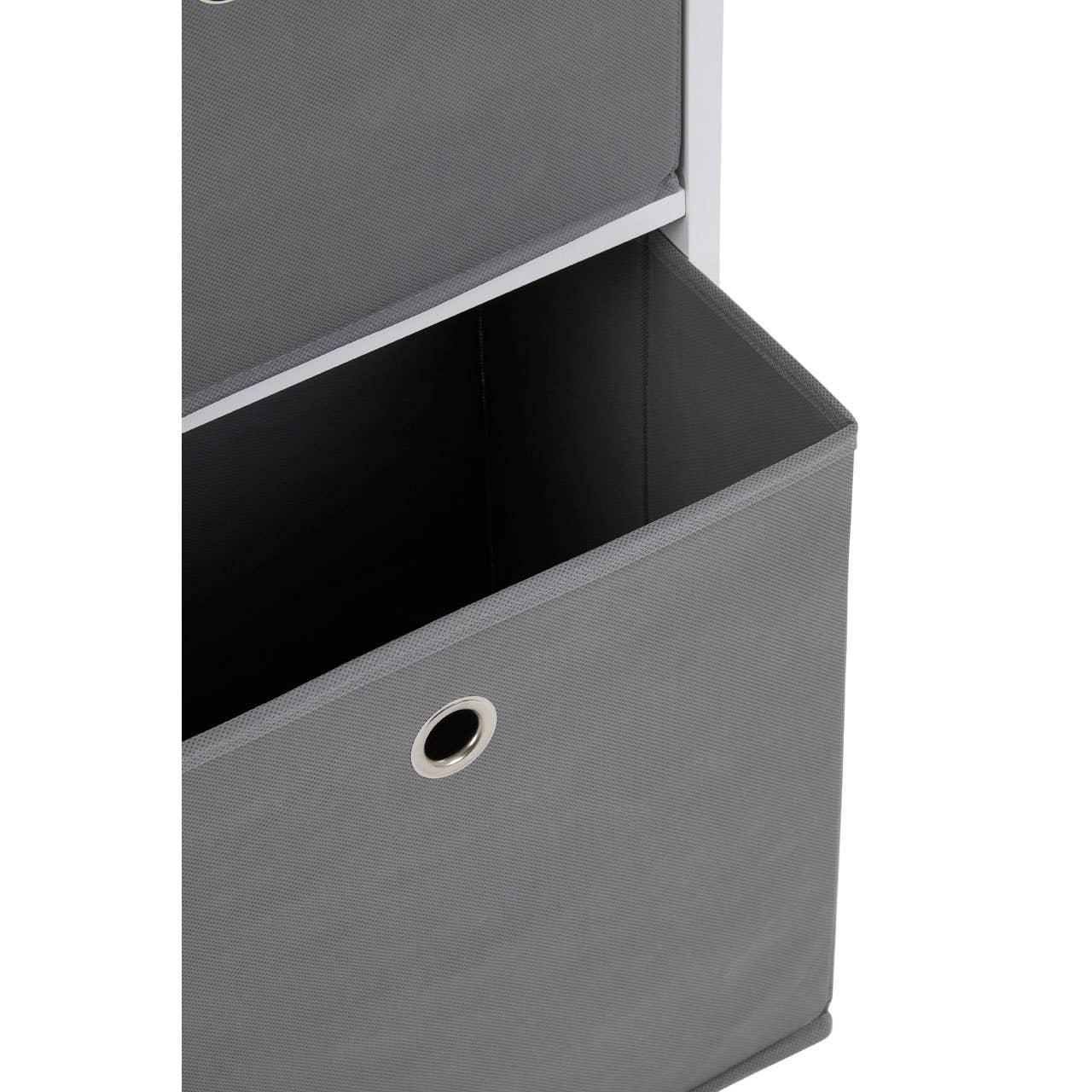 Grey fabric storage drawer with metal eyelet in white shelving unit