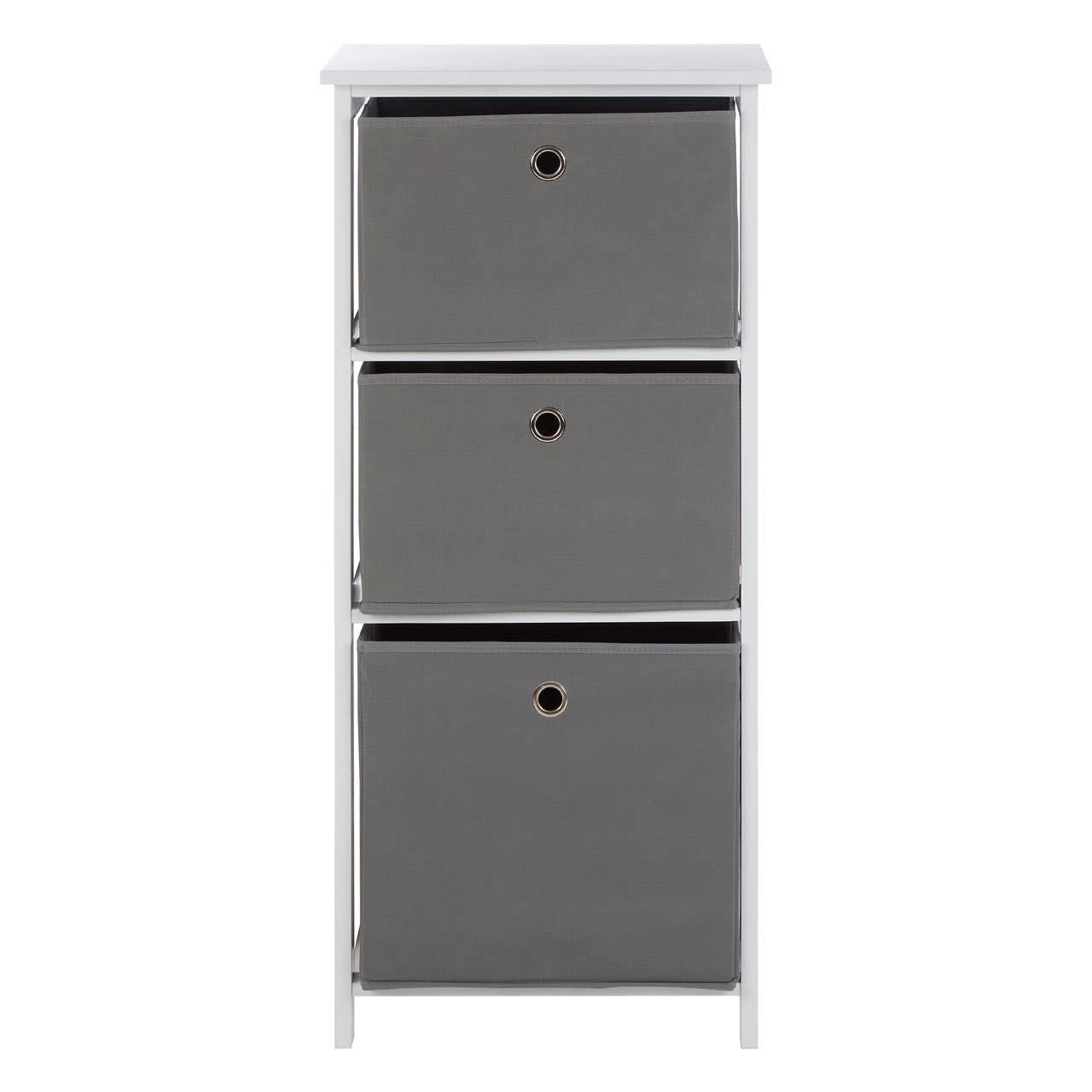 Three grey fabric drawers in a cabinet with a white top, featuring a simple design and round handles on each drawer. The cabinet stands on four legs, providing a modern and minimalist look suitable for home decor