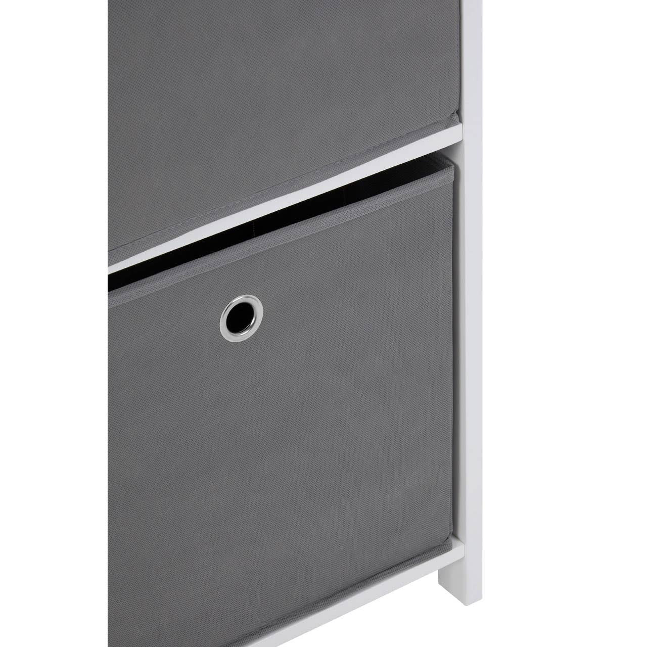 Three grey fabric drawers with circular cut-out handles, set within a sleek white frame, showcasing a modern cabinet design