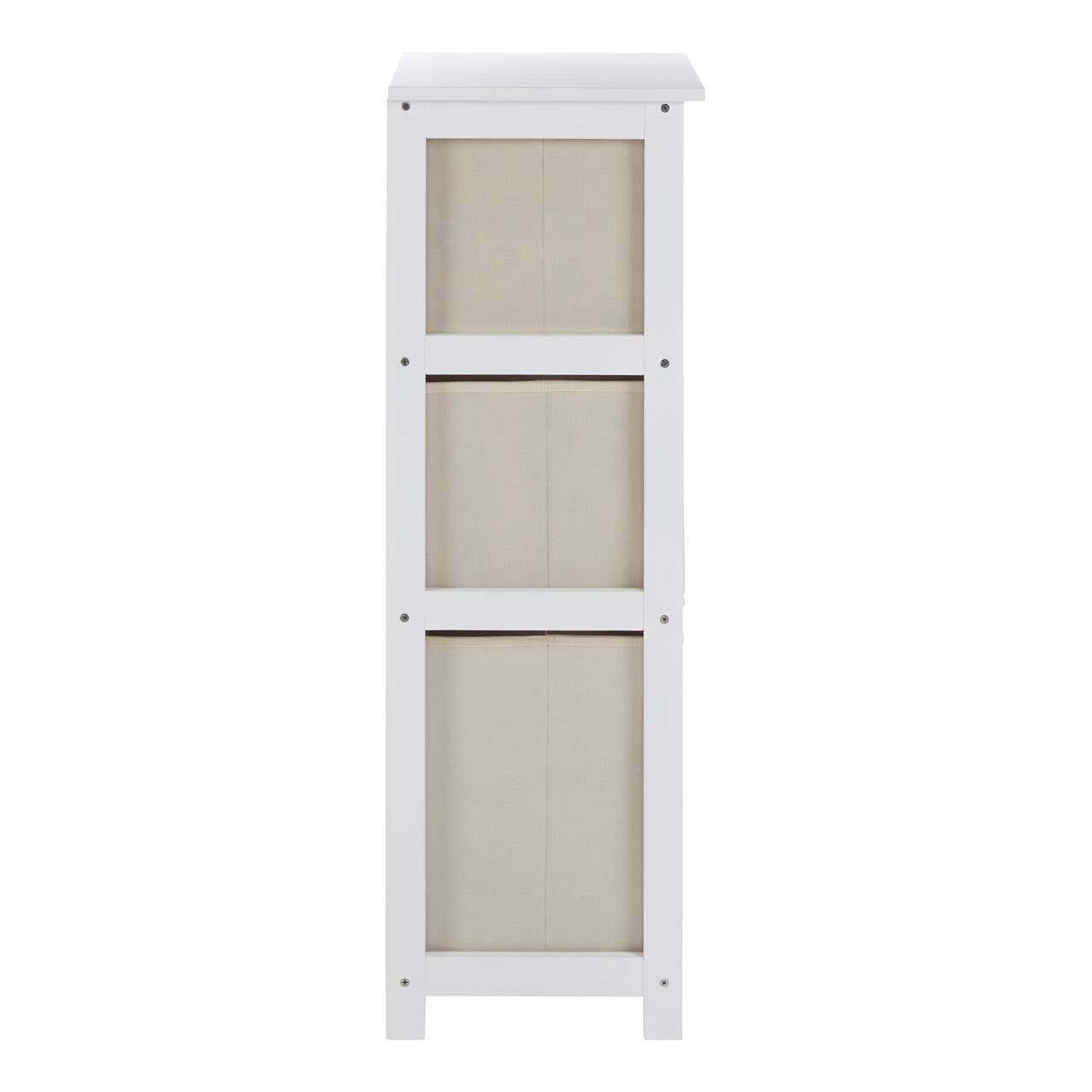 Tall white cabinet with three natural fabric drawers, featuring a simple and modern design suitable for home organization. The drawers are light beige, providing a soft contrast to the white frame