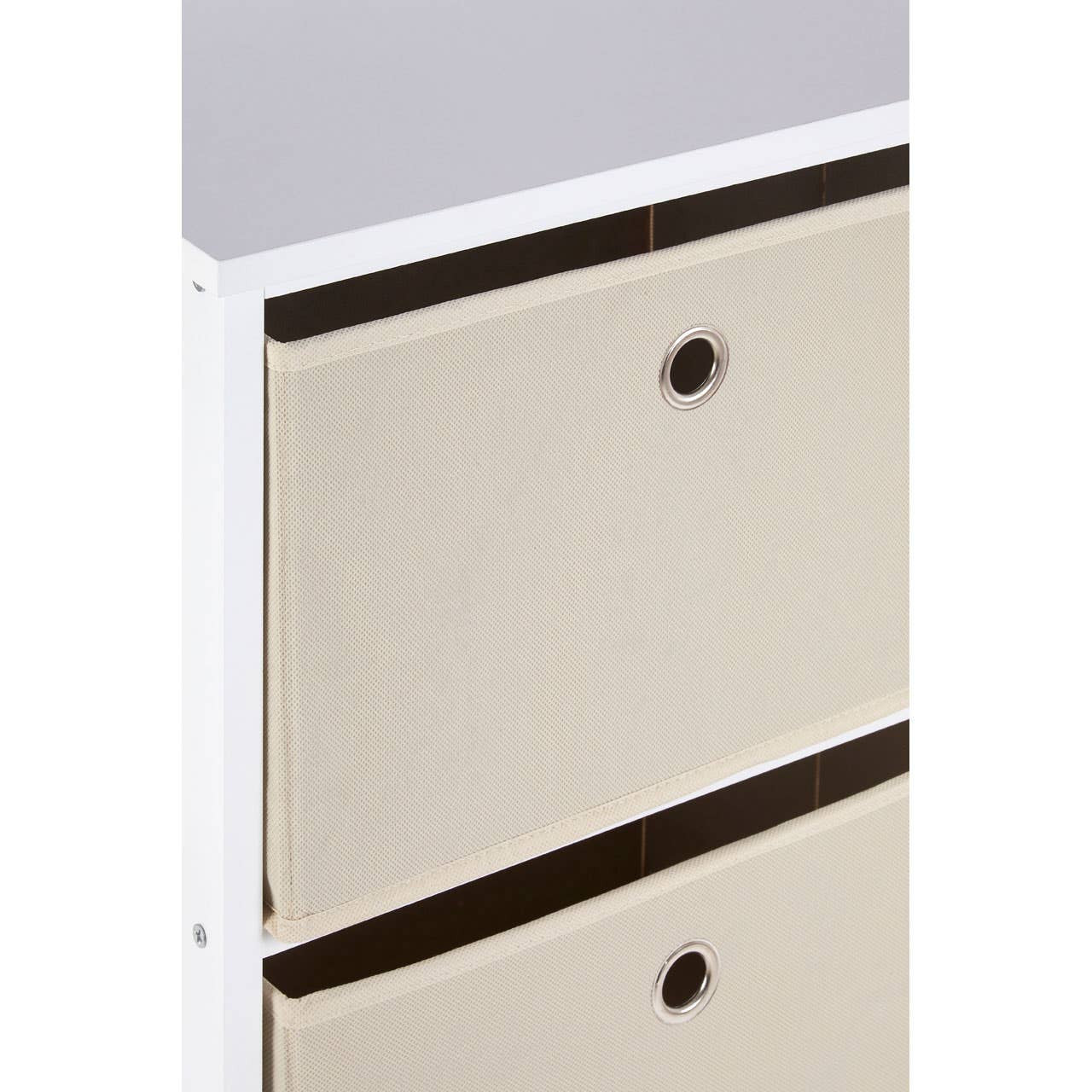 Three fabric drawers in a white cabinet, featuring a modern design with a light beige color for the drawers and dark brown accents. The cabinet has a sleek, minimalist look, suitable for home organization