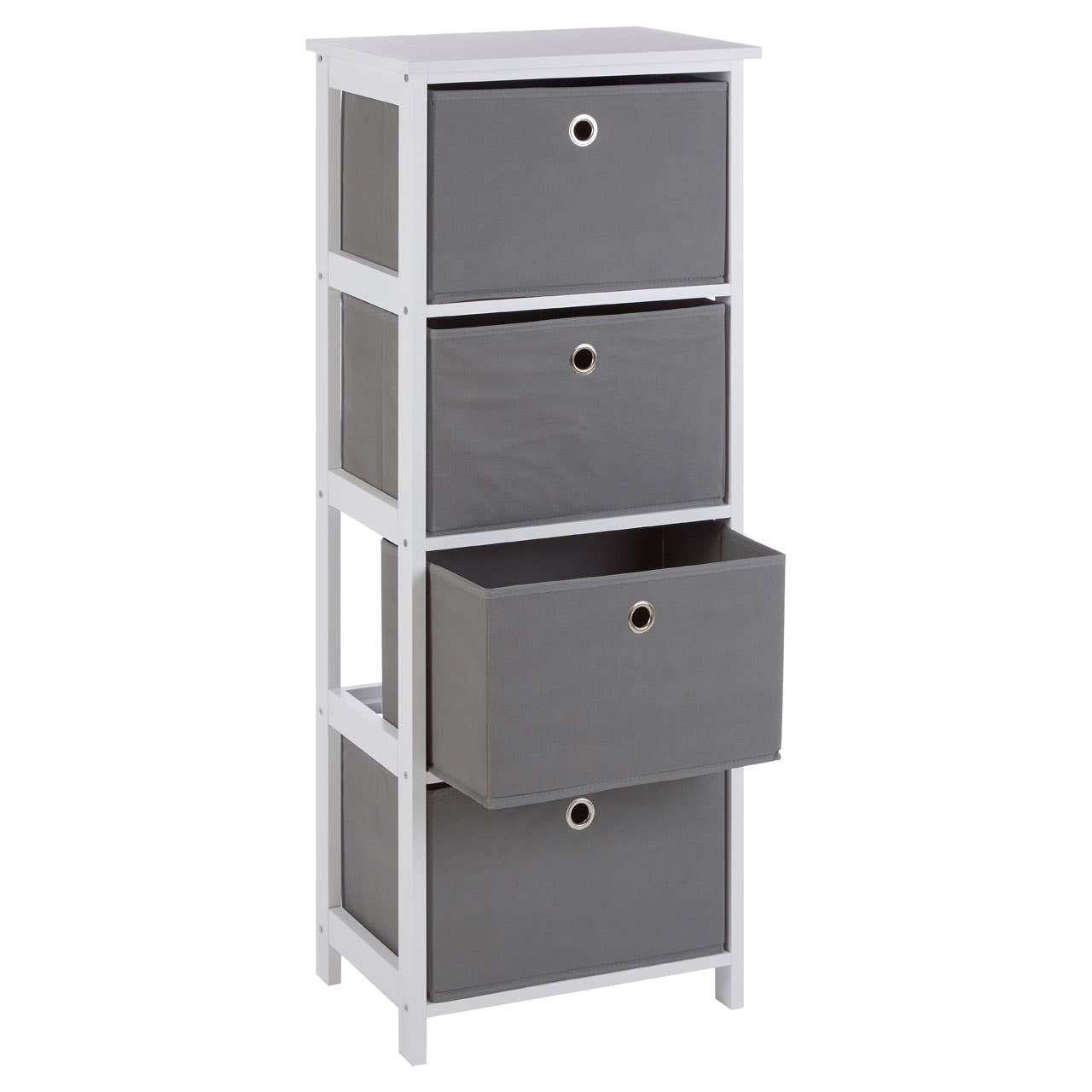Tall cabinet with four grey fabric drawers, featuring a sleek white frame. The drawers are arranged in a vertical stack, with the top three drawers having circular silver handles and the bottom drawer being slightly larger. The cabinet has an open design on the sides, allowing for visibility of the drawer contents