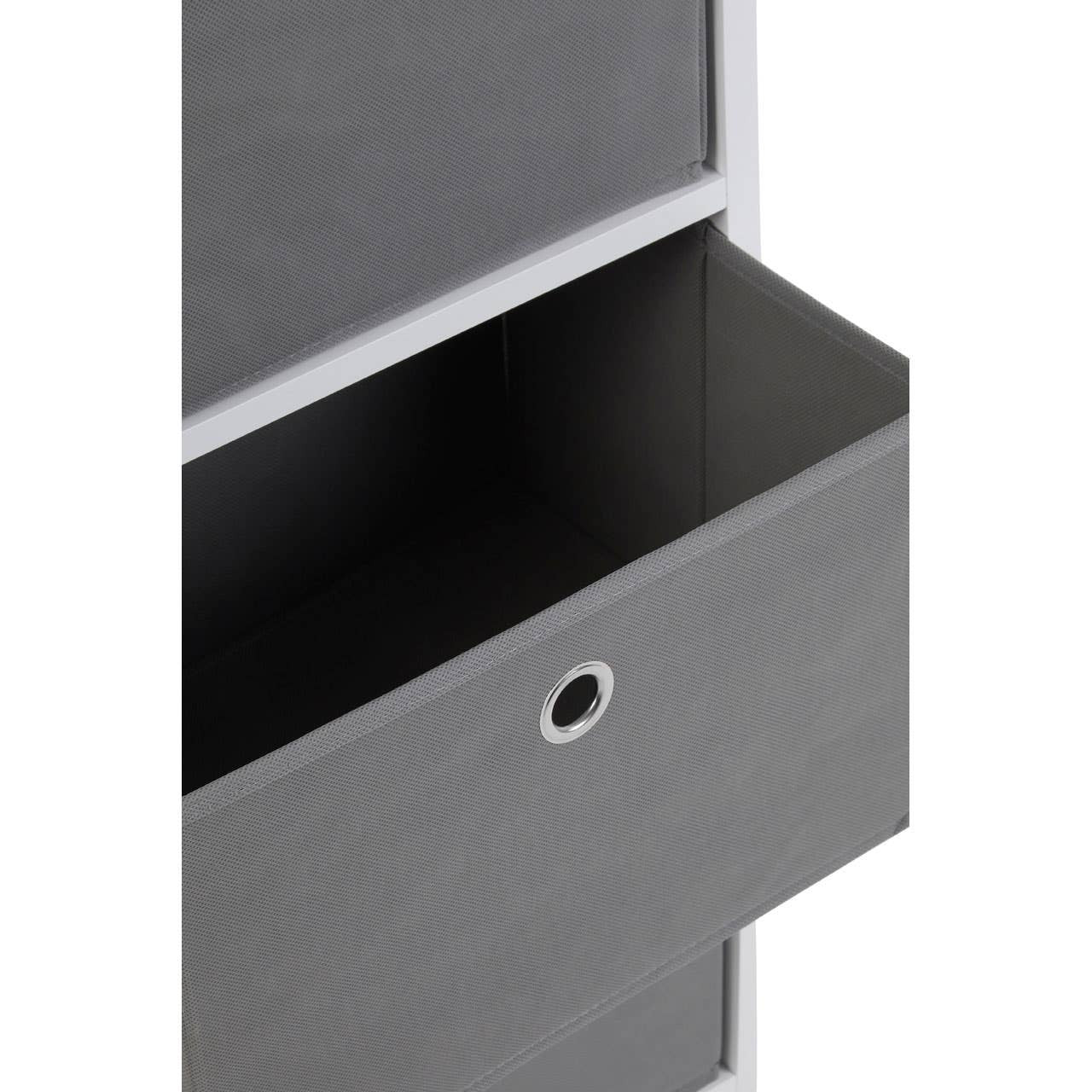 Grey fabric drawer of the Lindo 4 Grey Fabric Drawers Cabinet, featuring a sleek design with a circular handle and a minimalist aesthetic. The drawer is partially open, revealing a smooth black interior