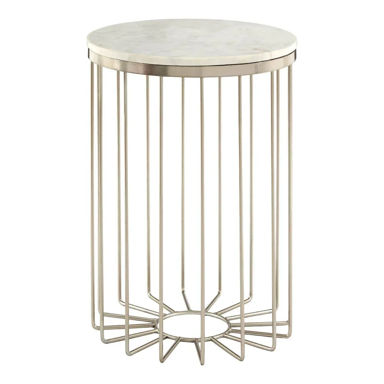 Round marble top side table with gold metal frame and open geometric base