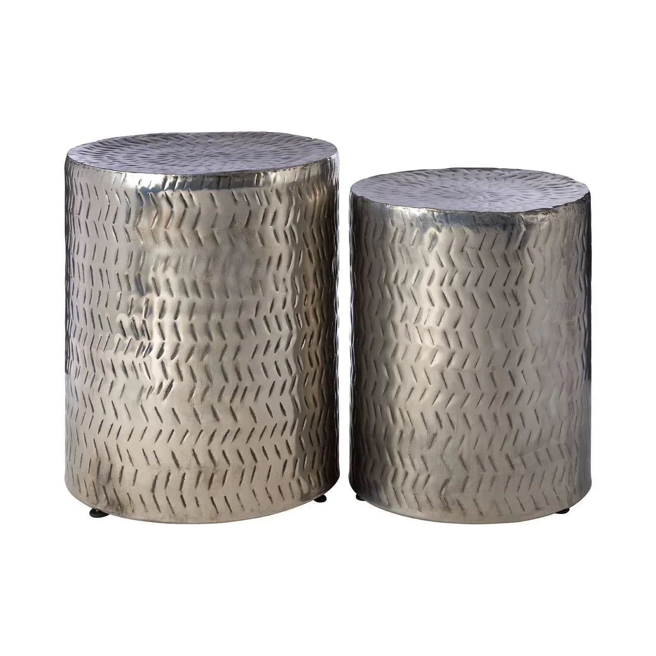 Set of two round metal side tables with textured silver finish and cylindrical design