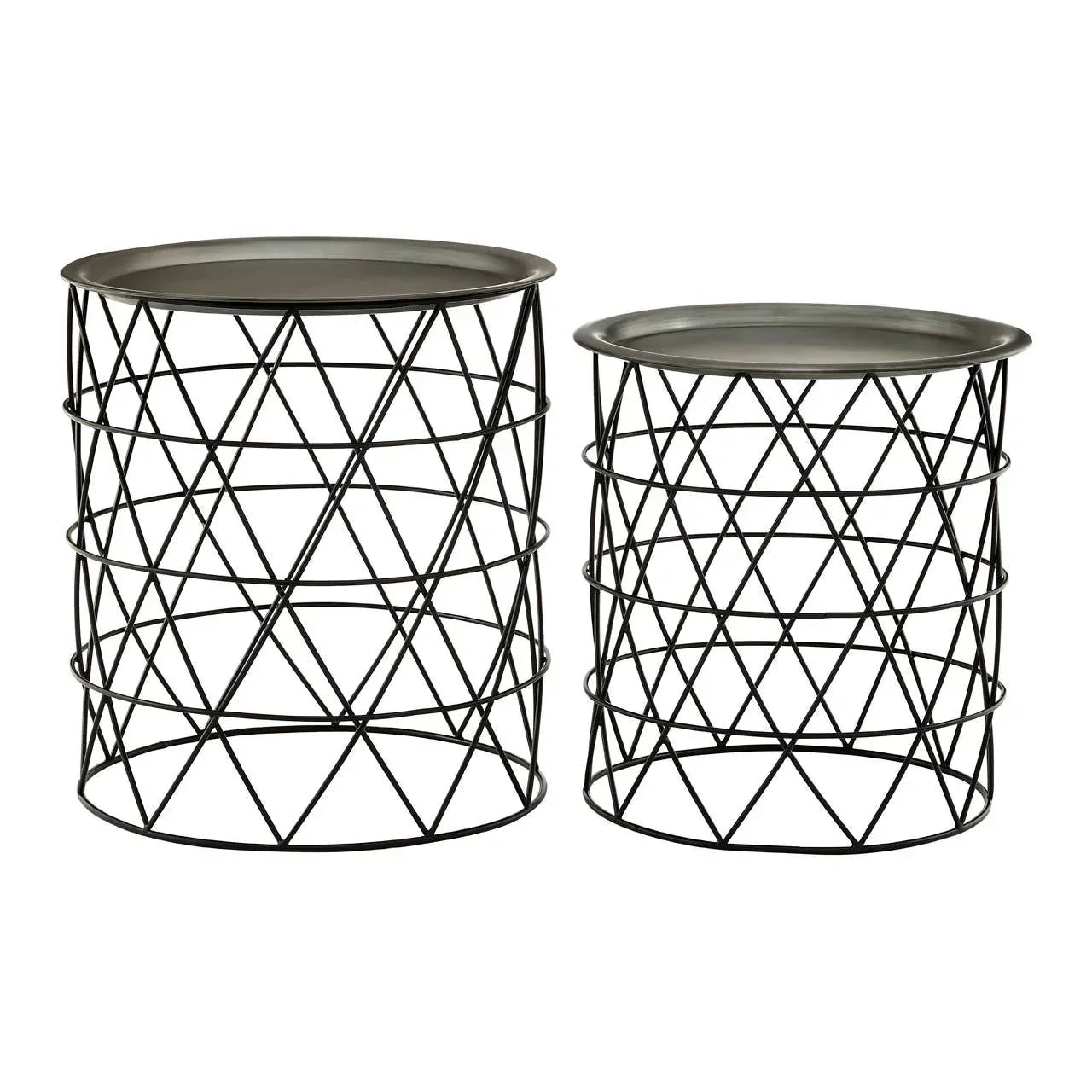 Set of two black metal wire side tables with round tray tops