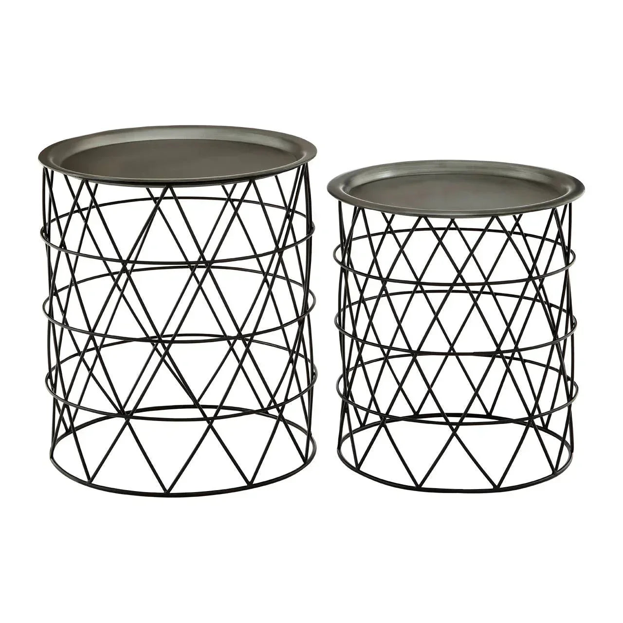 Set of two black metal side tables with geometric wire bases and round tray tops