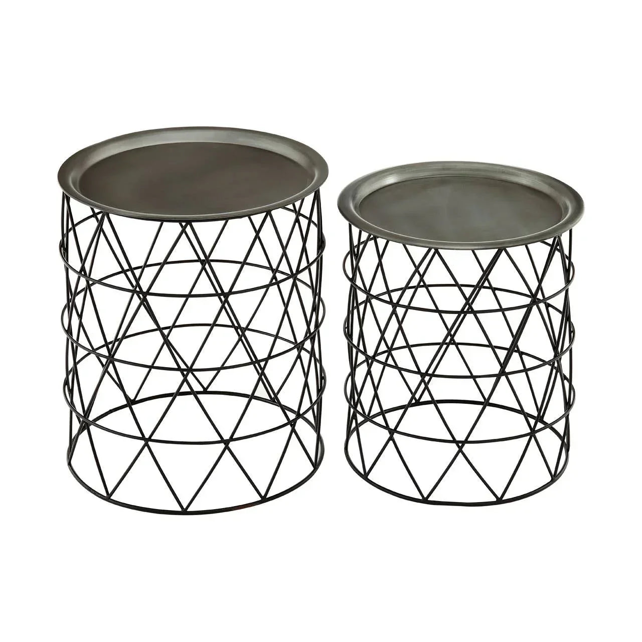 Set of two round metal wire side tables with removable trays and geometric bases