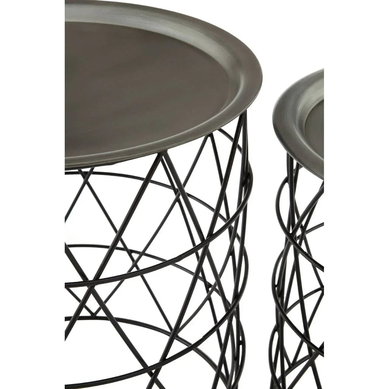 Metal side tables with black wireframe bases and round trays, close up on top and side