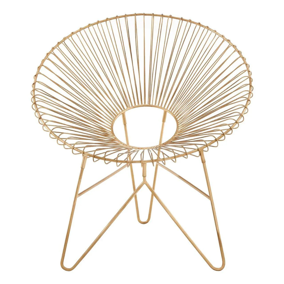 Gold metal accent chair with open circular back and mid-century modern design