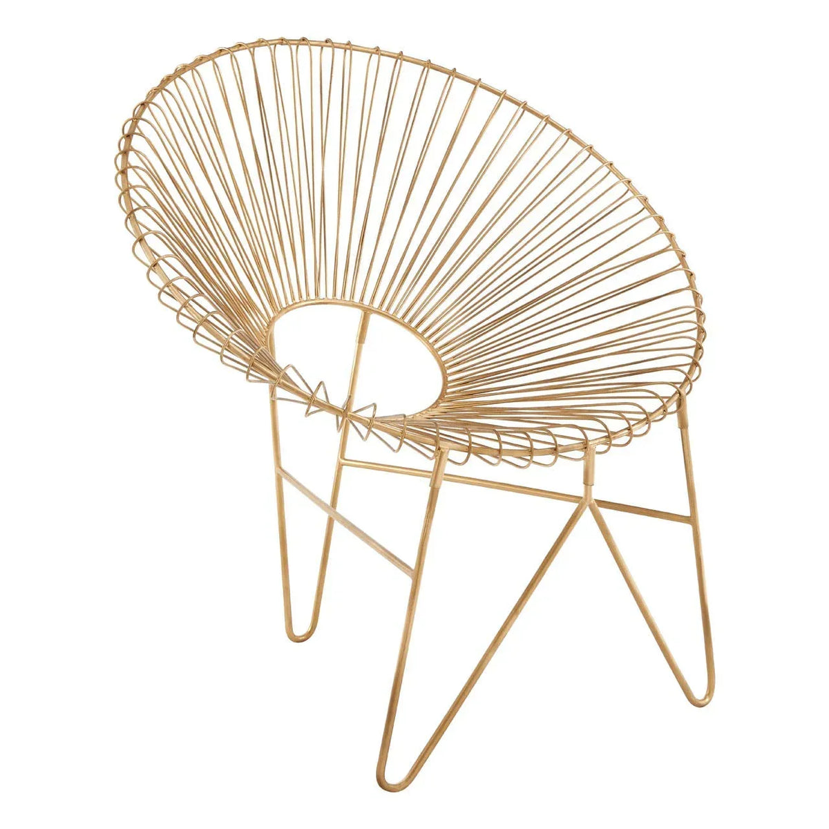 Gold metal accent chair with round open back and modern wire frame design