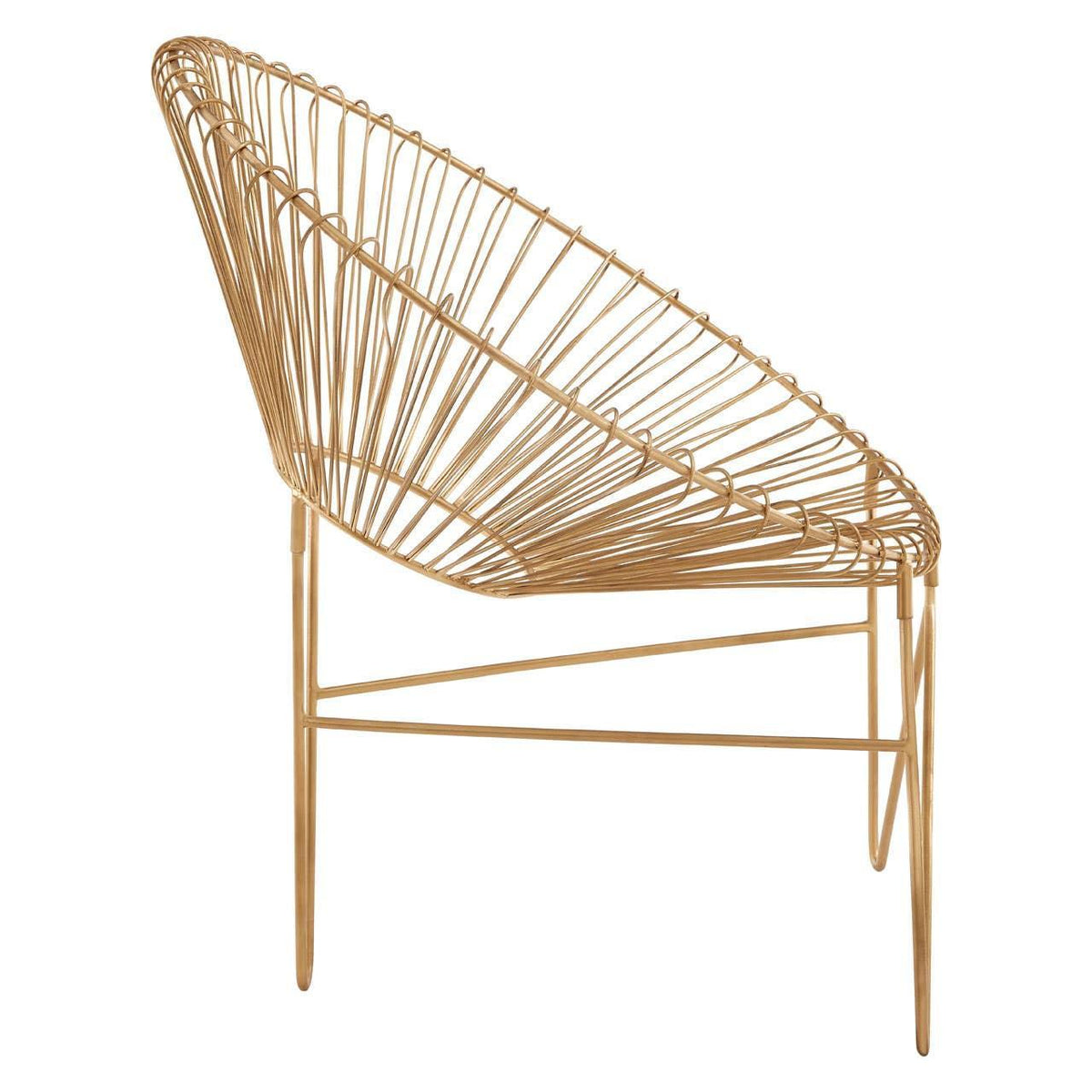 Gold metal accent chair with curved wire frame and angled legs, side profile view