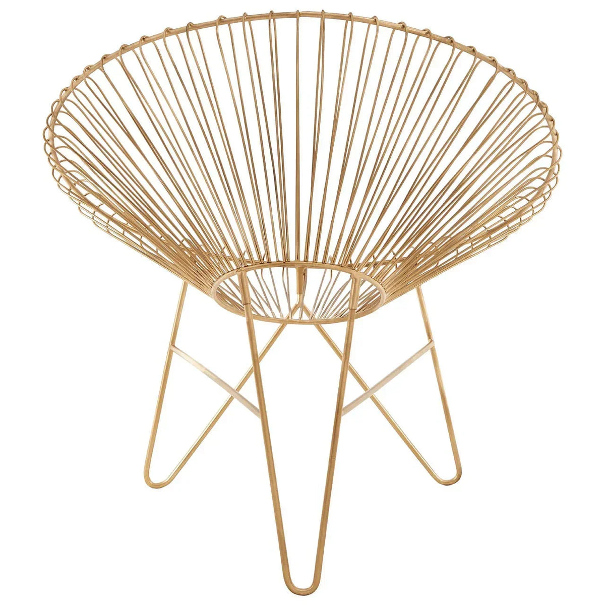 Gold wire accent chair with round open back and angled metal legs