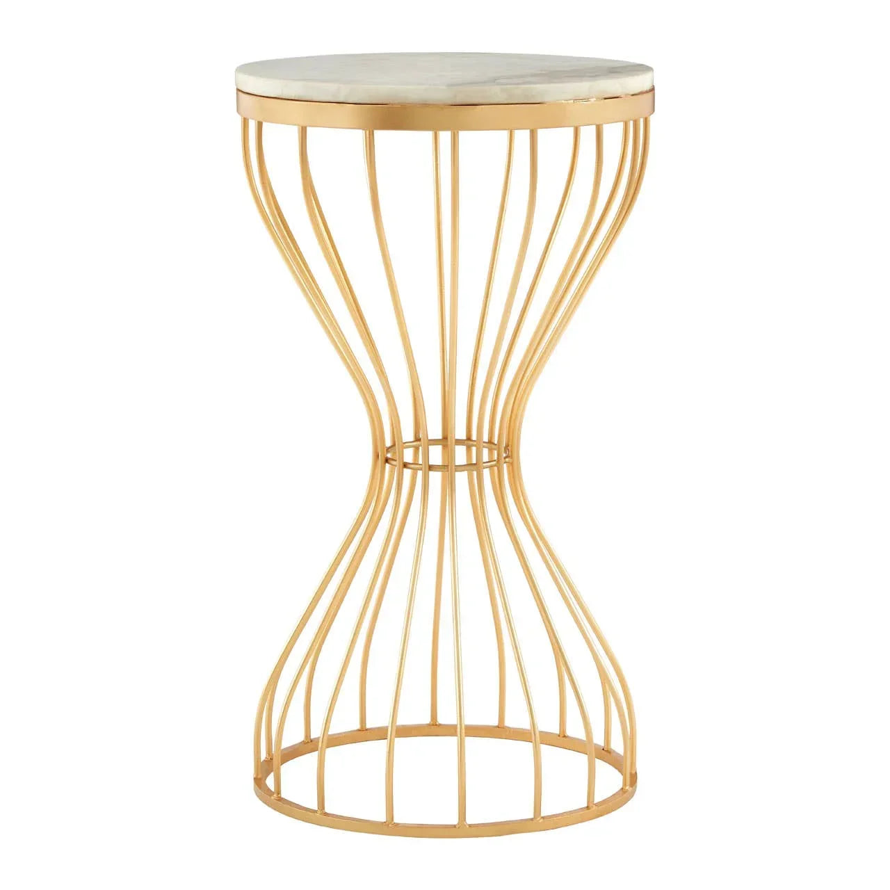 Round marble side table with gold metal wire frame, modern hourglass design